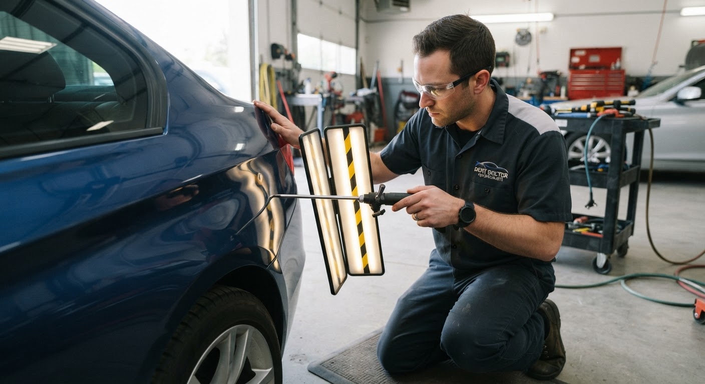 Technician performing paintless dent repair on a vehicle